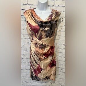 Suzi Chin Watercolor Print Sleeveless Asymmetric Rushed Sheath Silk Dress 6P